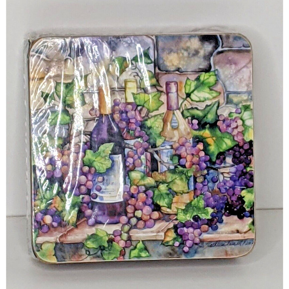NEW Coasters Set 6 WINE CELLAR Cork Back Hardboard Wine Bottles Grapes 4 x 4" - Picture 1 of 3